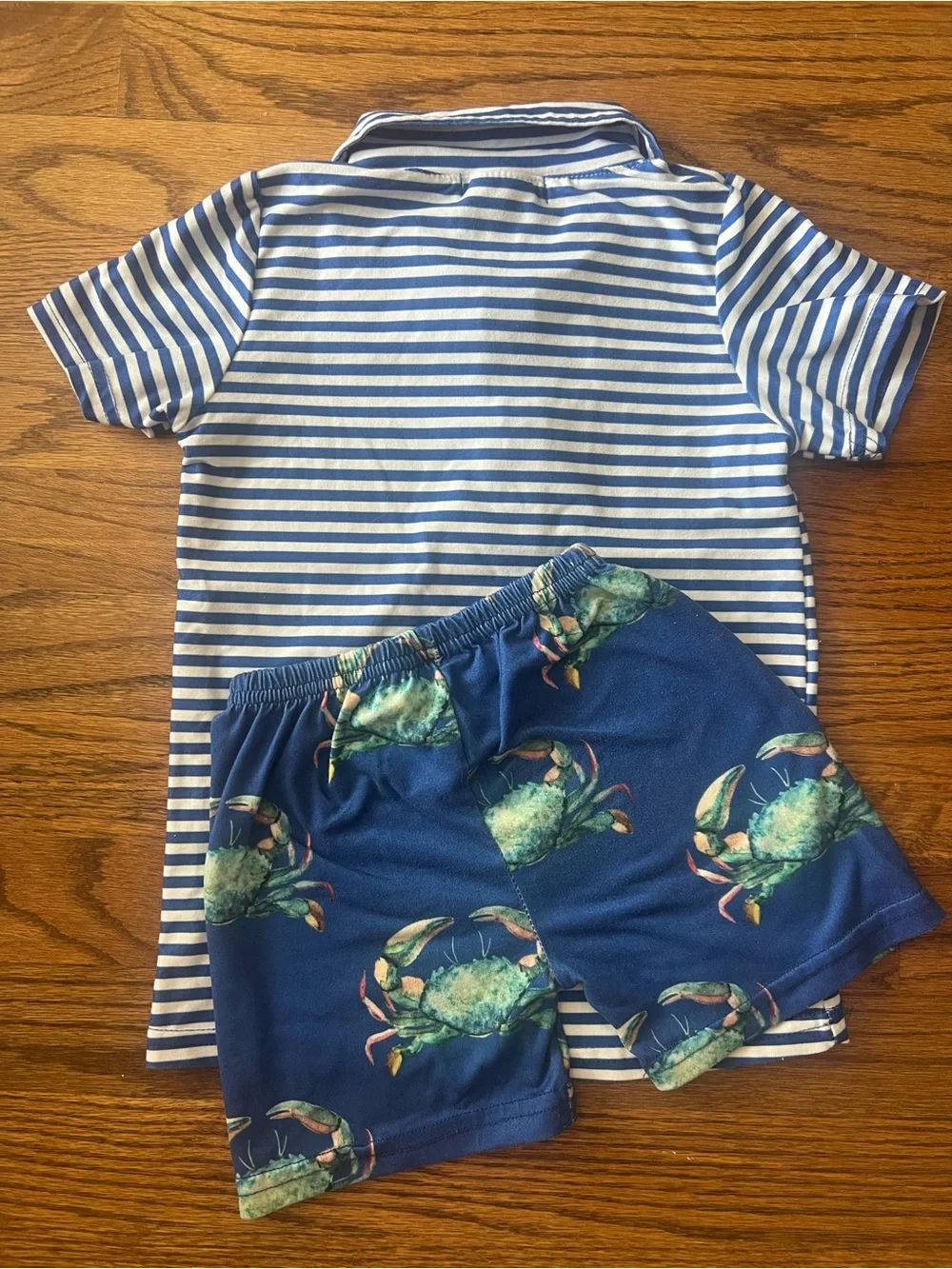 Striped Polo & Crab-Print Shorts Kids Matching Set - Blue